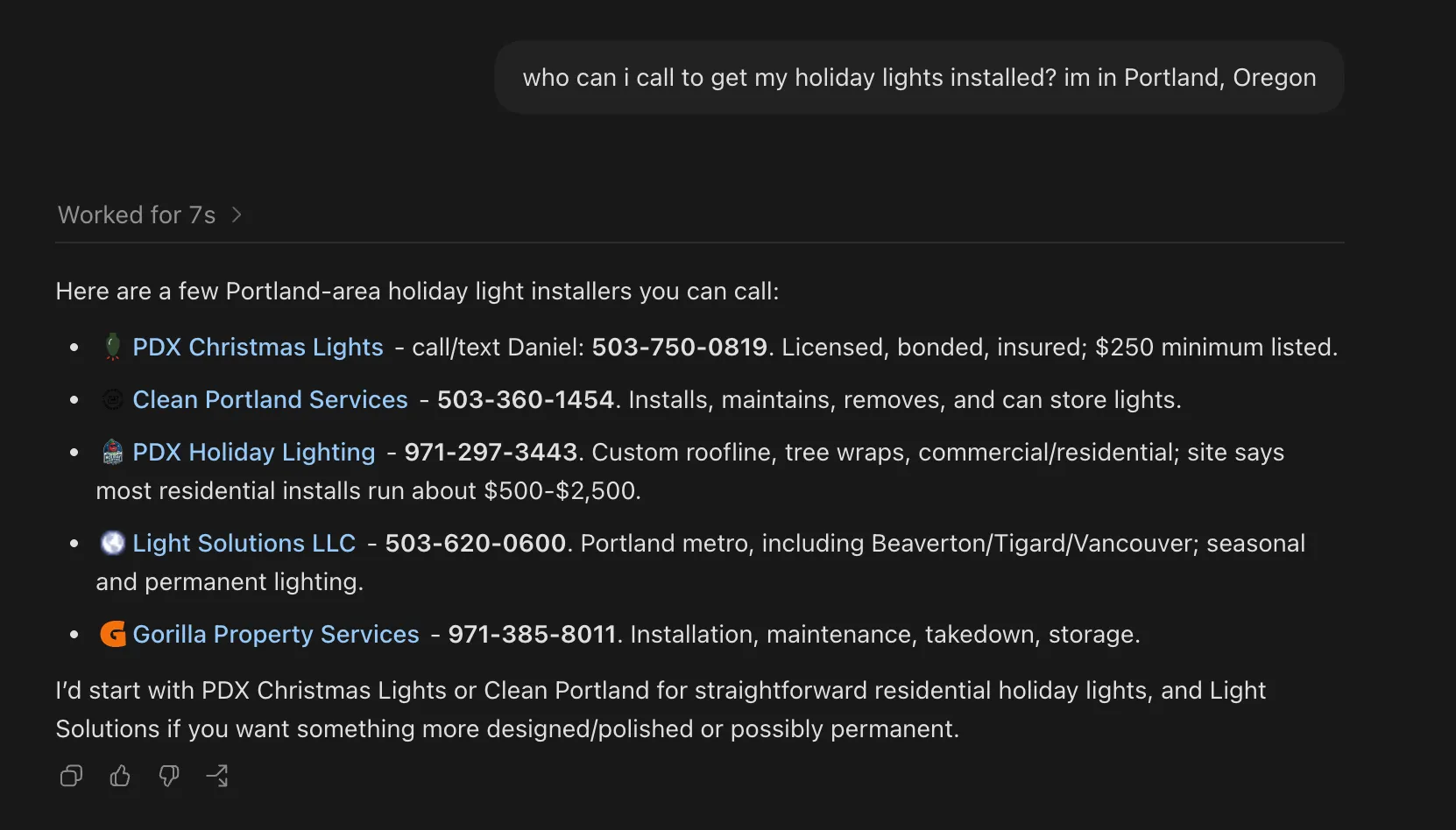 ChatGPT naming five Portland holiday light installers with phone numbers, a $250 minimum for one and a $500 to $2,500 range for another