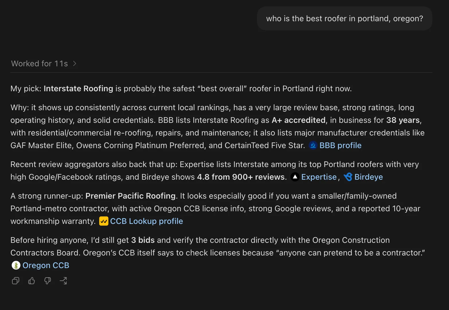 ChatGPT answering who the best roofer in Portland, Oregon is, naming Interstate Roofing and citing BBB, Expertise, Birdeye, and the Oregon CCB