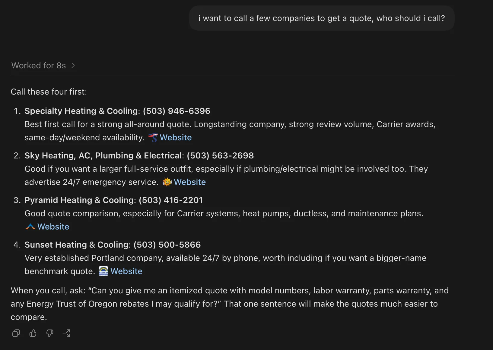 ChatGPT asked which Portland HVAC companies to call for a quote, listing Specialty, Sky, Pyramid, and Sunset with phone numbers and a link to each company's website