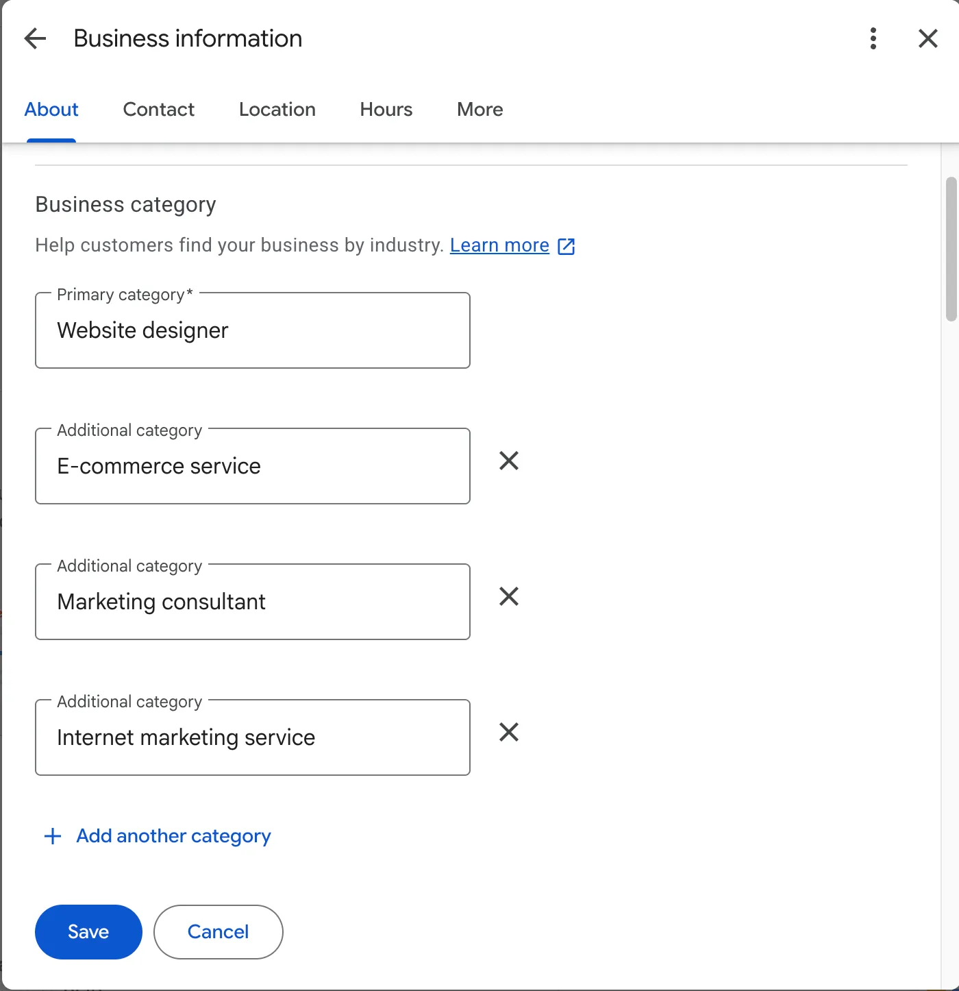 The Google Business Profile category editor: a primary category, three additional categories, and Add another category