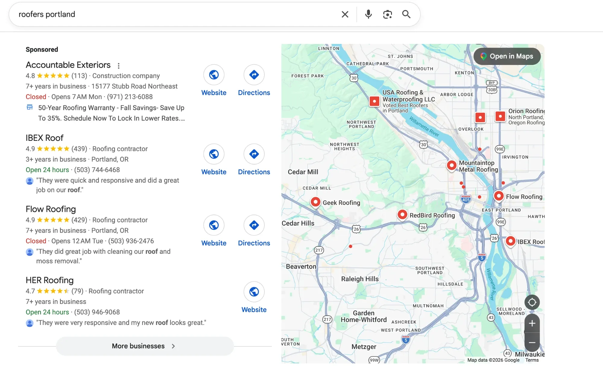 Google results for roofers portland: a map and three roofing contractors, with a sponsored listing above them