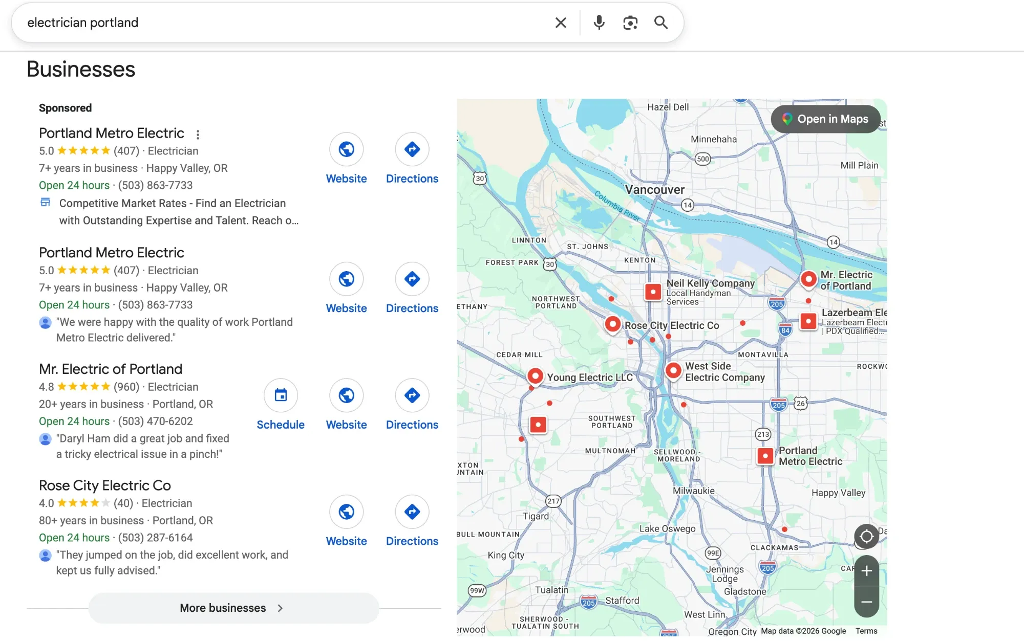 Google results for electricians in Portland