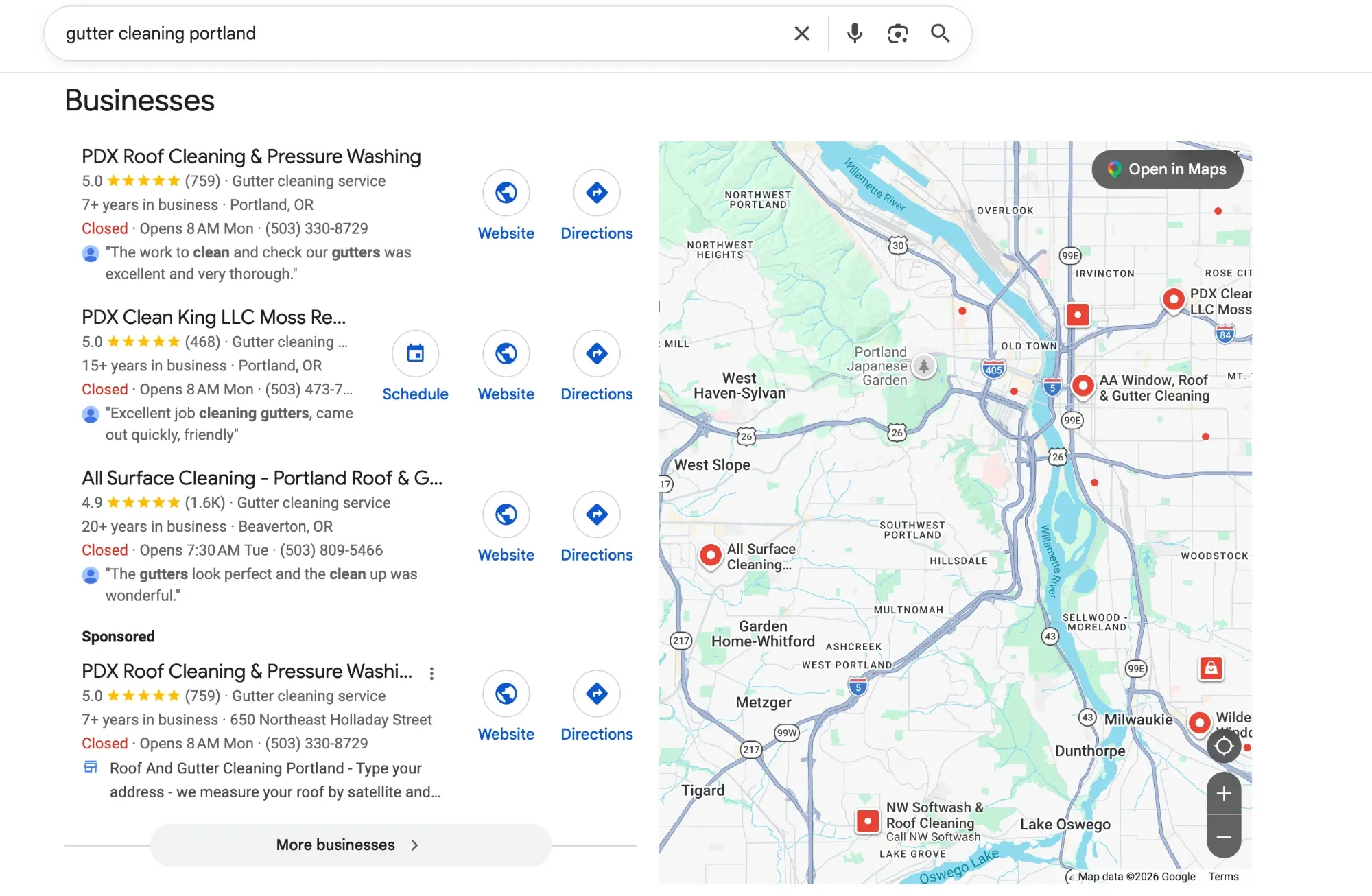 Google results for gutter cleaners in Portland