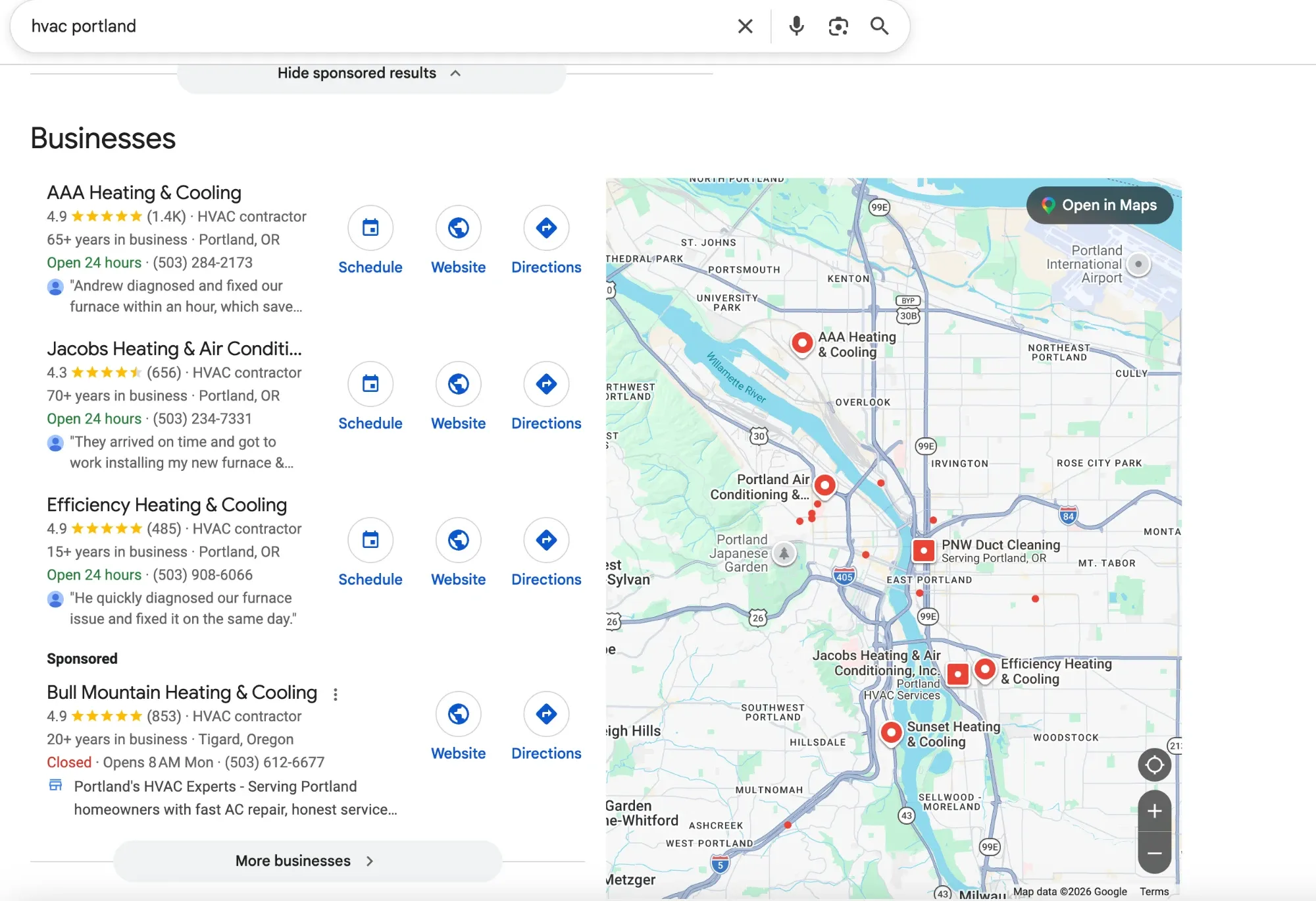 Google results for hvac in Portland