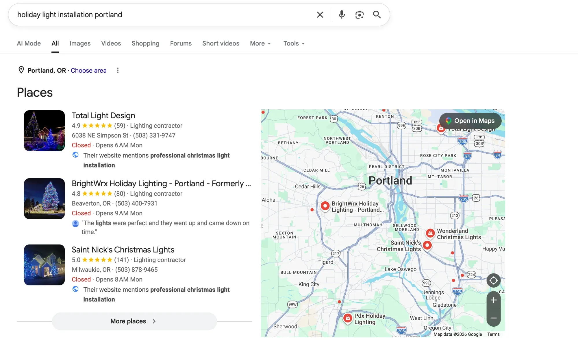 Google results for holiday light installers in Portland