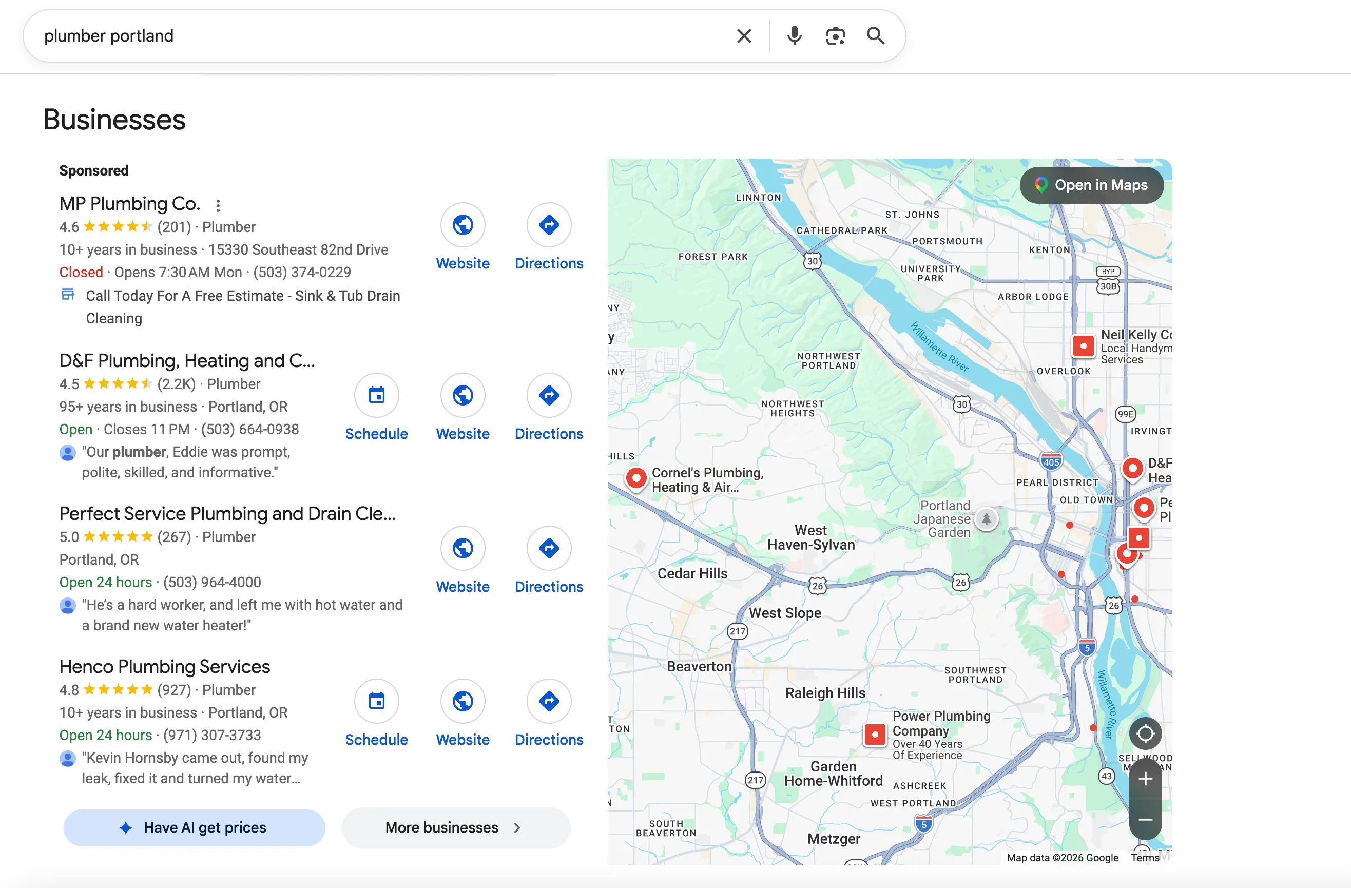 Google results for plumbers in Portland
